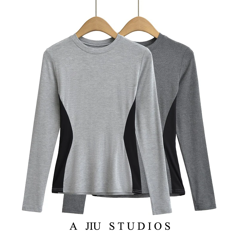 

Spring New Sle Women's round Ne Long Sve Spor Base Layer irt Soft Elastic T-irt Trendy Inner Wear Top