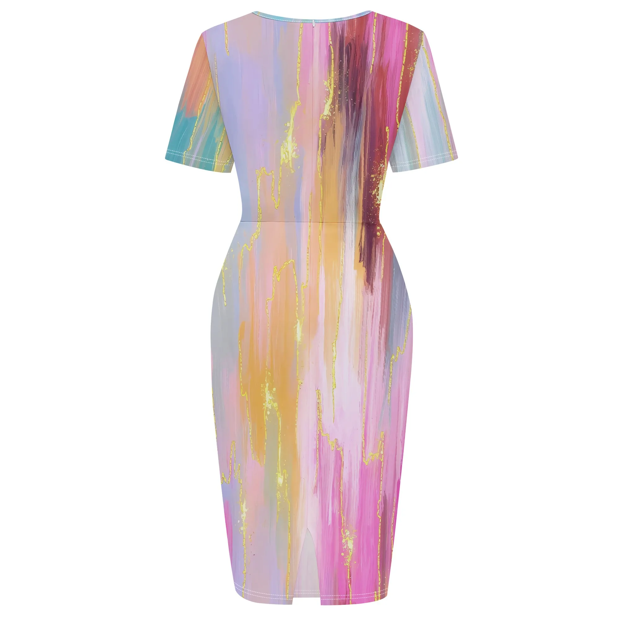 Vestido midi ajustado de verano para mujer, manga corta, estampado de rayas degradadas, aspecto informal con cinturón