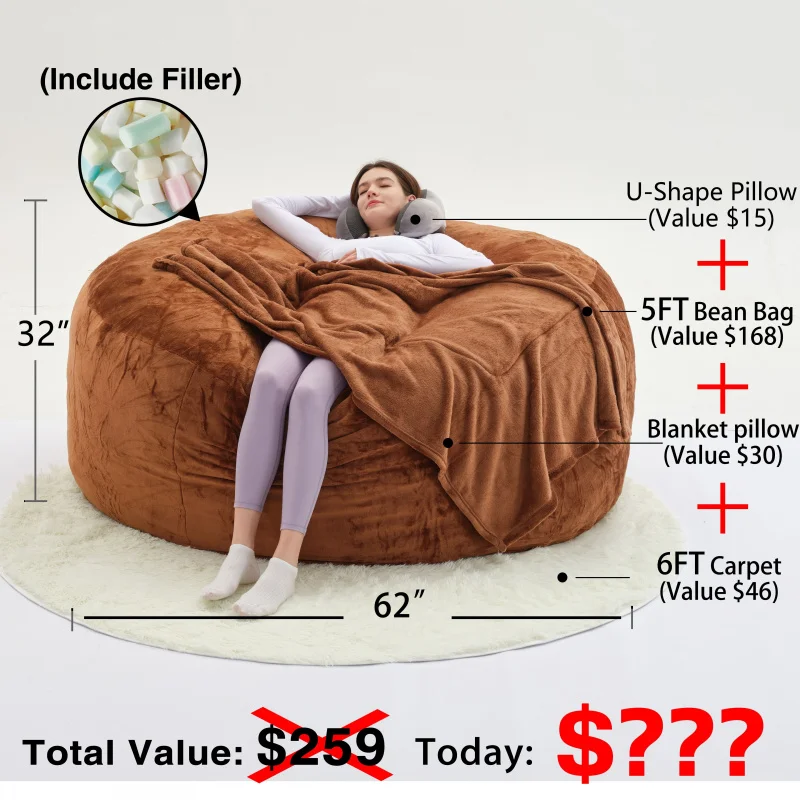 The beanbag sofa chair includes filling material (3 gifts included: U-shaped pillow, blanket pillow, 6FT carpet), 50-pound memor