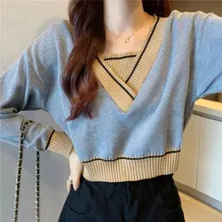 Fashion V-Neck Loose Knitted Sweaters Women's Clothing Spliced Contrasting Colors Autumn New Commute Long Sleeve Vintage Jumpers