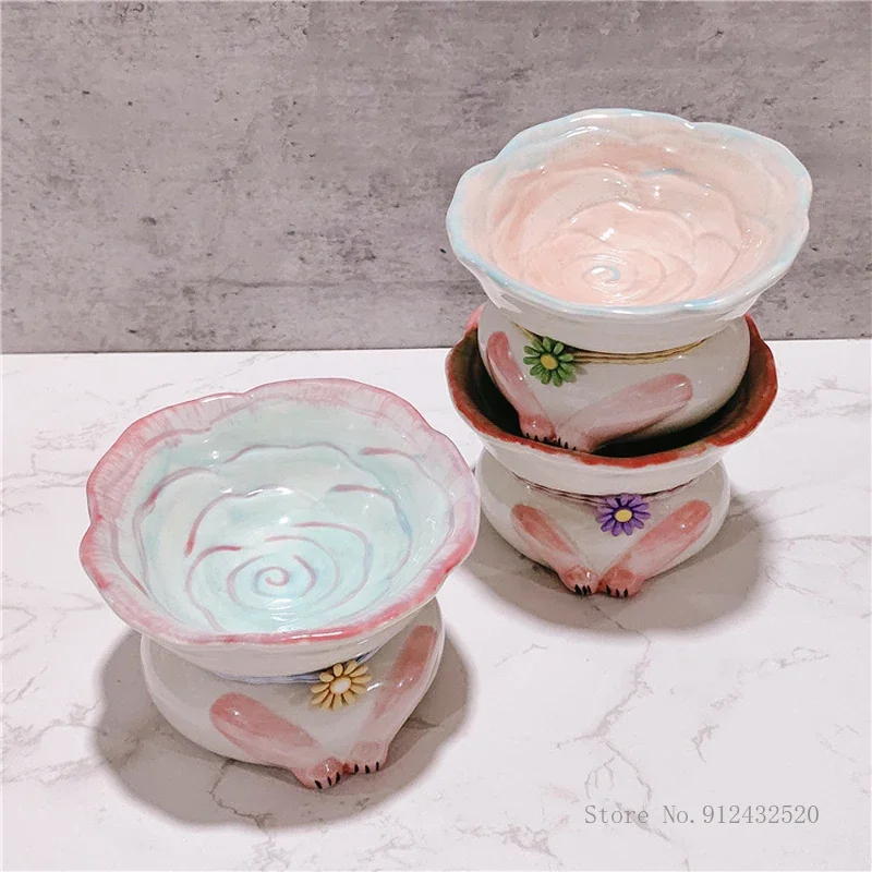 

Creative Ceramic Embossed Pattern Cat Dog Bowl Large Diameter High-Foot Protection Cervical Spine Drinking Bowl Pet Products 1Pc