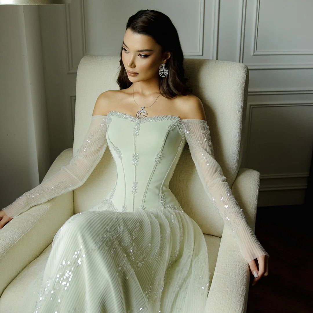 Amanda Customized White Off Shoulder Sweetheart Prom Dress Sheer Beaded Long Sleeve Corset Sequin Tulle A Line Floor Length