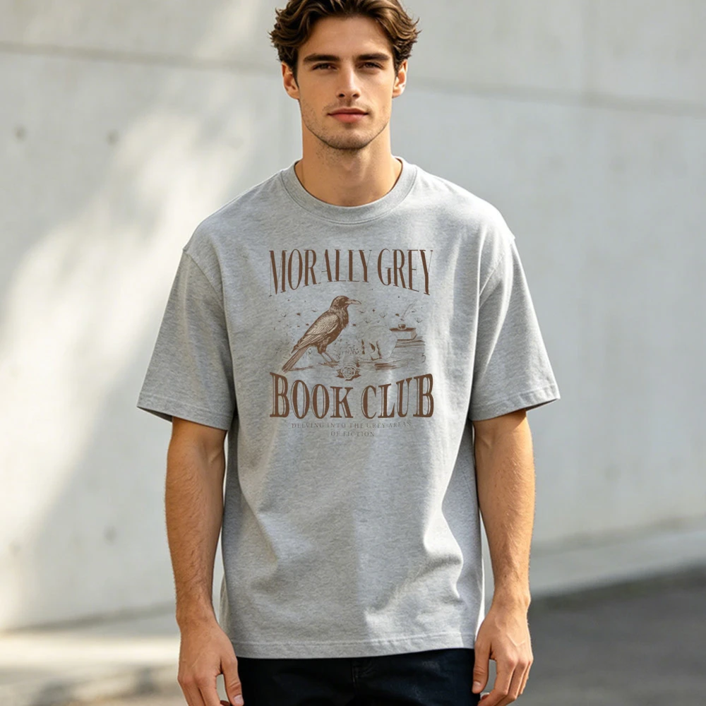 Morally Grey Book Club Vintage Crow Print Summer Men Cotton T-Shirt Dark Academia Book Lover Retro Graphic Casual Short Sleeve
