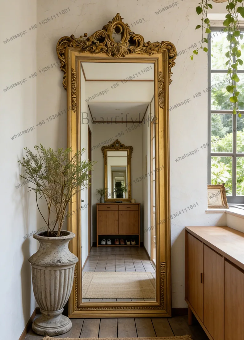 yj9 French retro carved arch floor mirror European light luxury style decorative mirror for home use