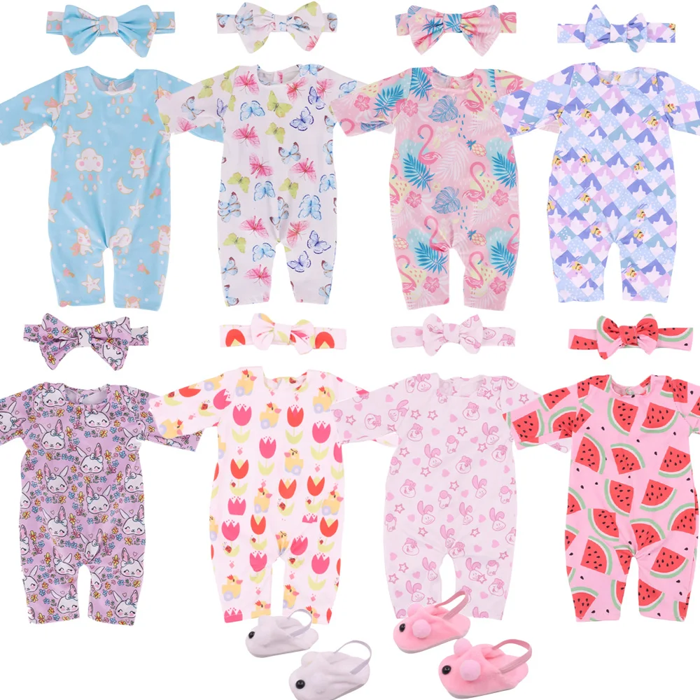 Conjunto de 2 unidades de pijamas para muñeca bebé de 43CM y muñeca americana de 18 pulgadas, diadema con lazo + mono, pijamas con estampado de unicornio y flamenco, juguetes