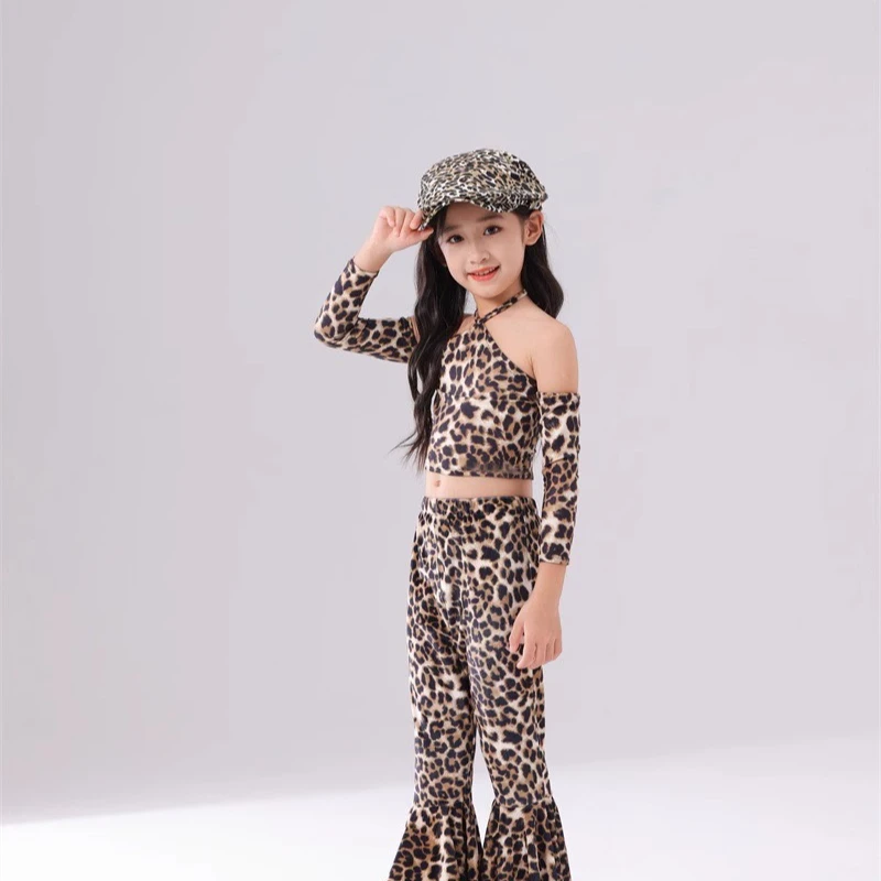 

Girls' leopard print flared pants for children's stage performances