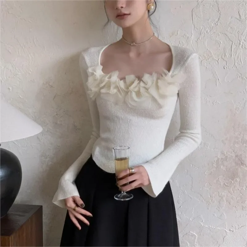 OCEANLOVE Y2k Autumn Winter Clothes Women Sweaters Flowers Solid Square Neck Retro Pullovers Korean Fashion Elegant Pull Femme