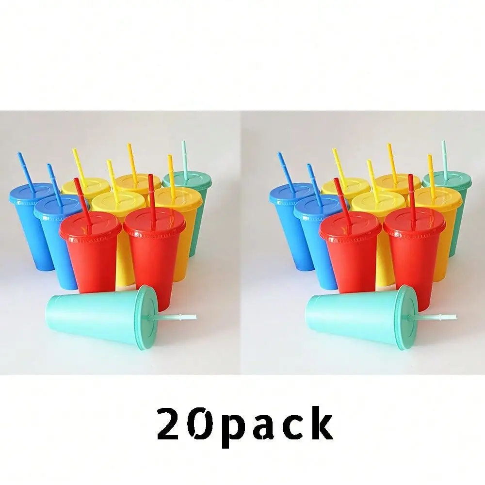 20 25 Pack Colorful Plastic Cup With Lid And Straw, 24oz Iced Coffee Tea Smoothie Cup, Reusable Large Cup, Suitable Adults, Wom