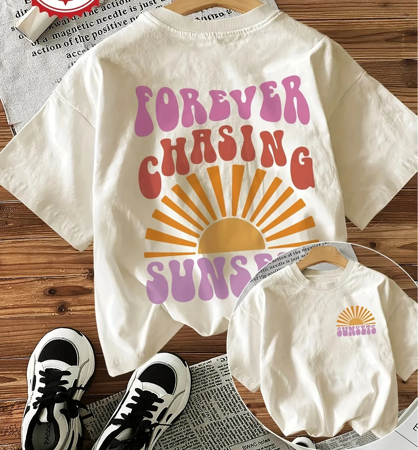 Forever Chasing Sunsets Fun Pattern Printed T-shirt Korean Fashion Casual Spring and Summer Top Men's and Women's Clothing
