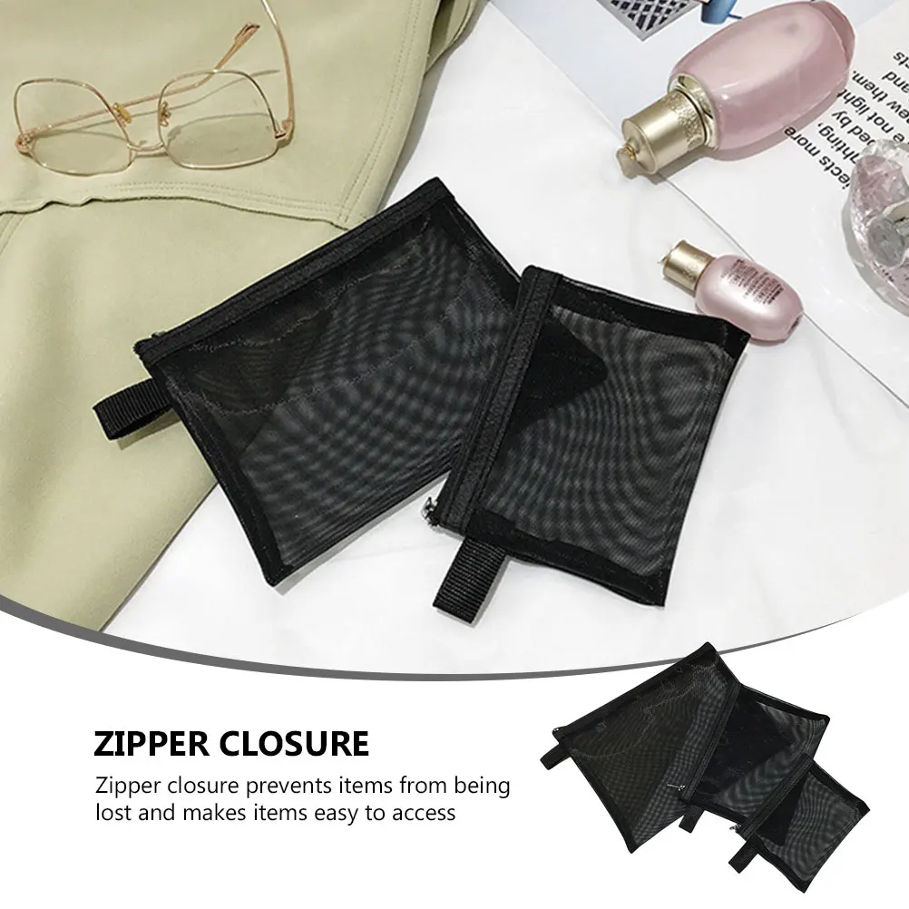 

3Pcs Makeup Bag Mesh Travel Toiletry ganizer Women Black Gauze HighCapacity Storage For Lipstick Cable Earphone Key Coin