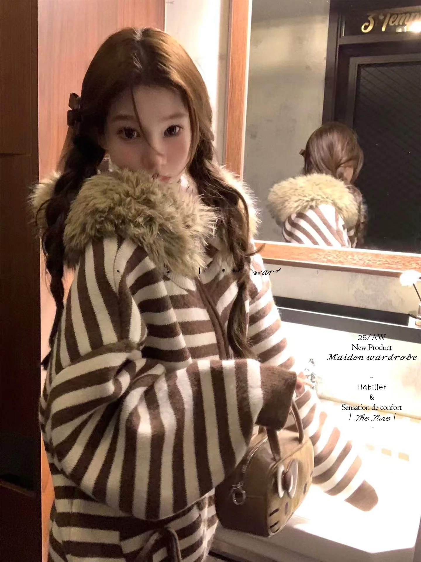 

Утепленный вязаный свитер с большим меховым воротником, свободного кроя, зимняя верхняя одежда для женщин, с длинными рукавами, на молнии