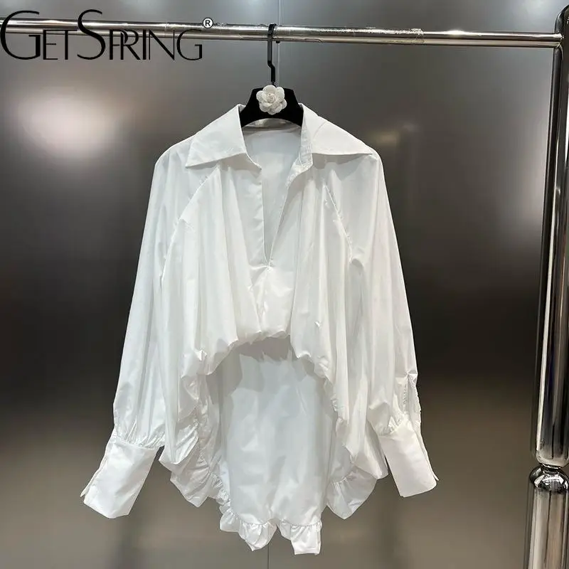 GetSpring Women Blouse 2025 Spring Summer Retro Batwing Sleeve Asymmetrical Hem Ladies Shirt Fashion All Match Loose Casual Tops