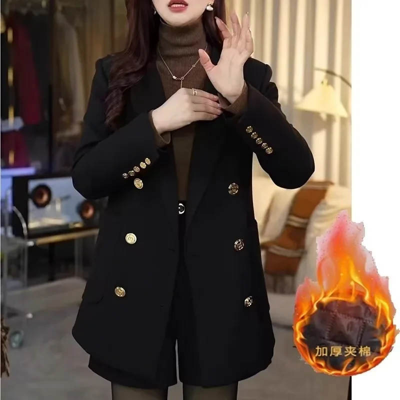 黒のダブルブレストパッド入りコットンスーツジャケット女性の新しい秋冬ハイエンド痩身スタイリッシュなブレザー