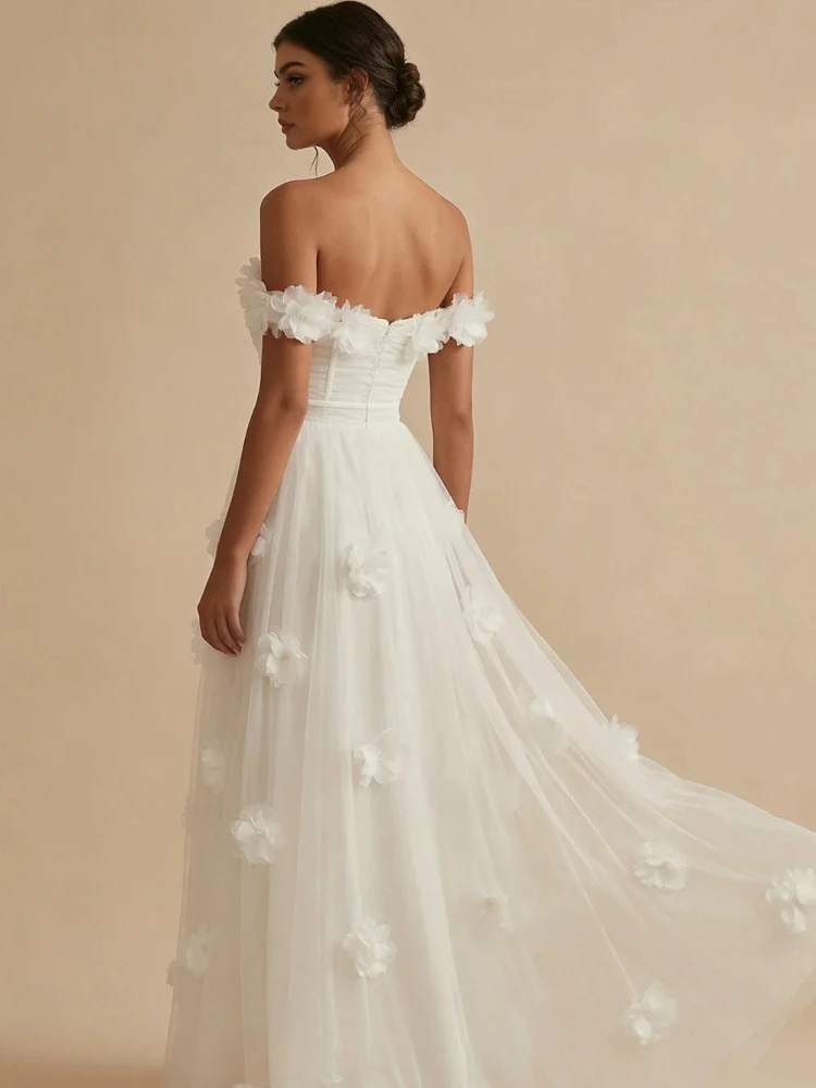 Elegant Off Shoulder A-line Wedding Dresses Side Slit 3D Flowers Floor Length Tulle Bridal Gown Beach vestido de novia