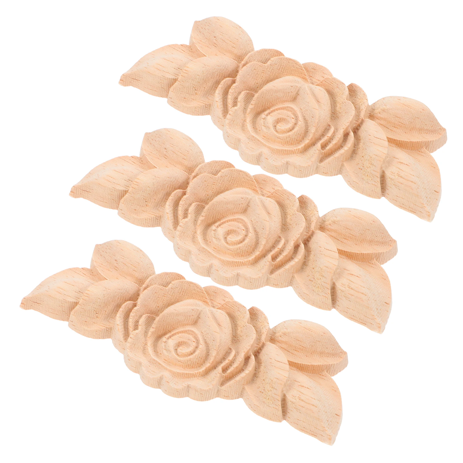 3Pcs Wood Carving Appliques Rose Unpainted DIY Center Decorative Onlay for Door Wall Cabinet Furniture Decoration