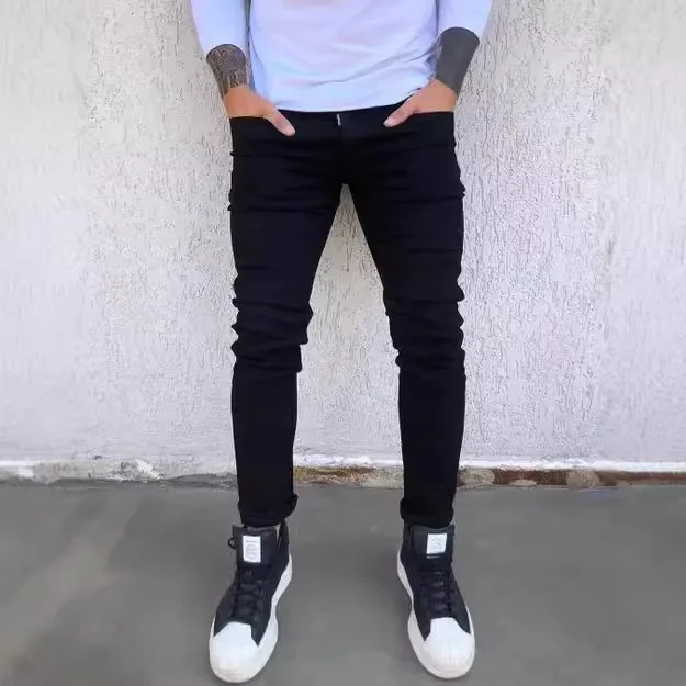

Jeans Men Denim Pants Long Pencil Pant Slim Fit Solid Casual Regular Simple Straight Trousers Sheath High Waist Autumn 2024