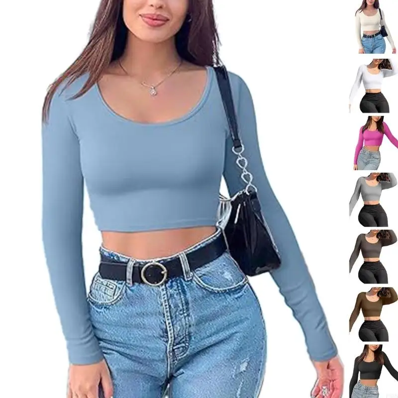 

P88B Women Long Sleeve Neck Crop Top Solid Color Basic Underscrubs Shirts