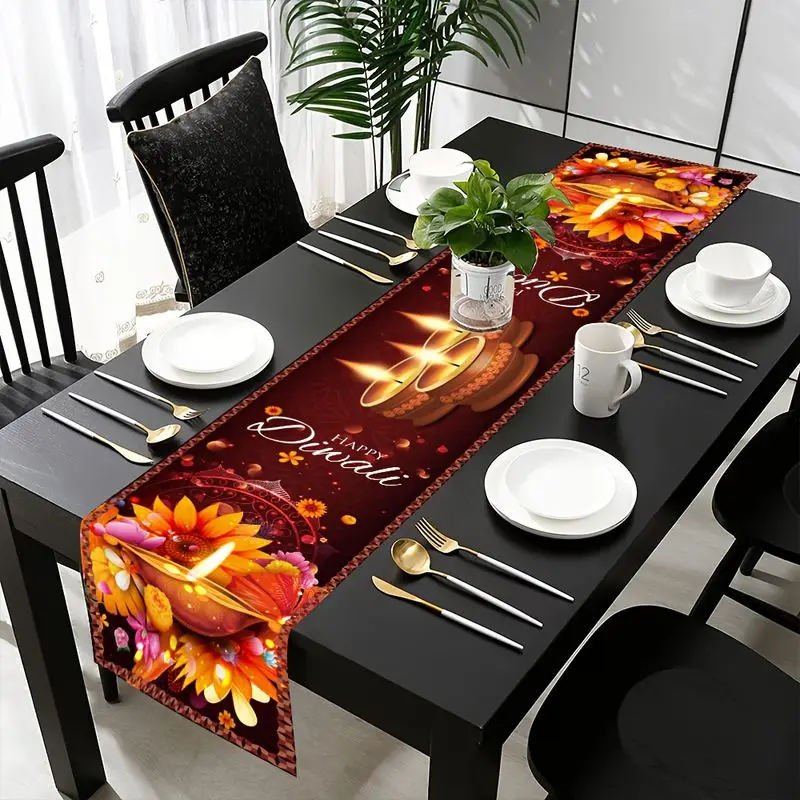 VIKAMA Happy Diwali Table Runner, Diya Lamp Sunflower Flower, Indian Festival of Lights Dining Table Party Home Decor