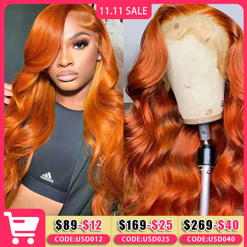 Ginger Orange Body Wave 13x6 parrucca anteriore in pizzo trasparente capelli umani per le donne #350 attaccatura dei capelli naturale Pre pizzicata colorata 200%