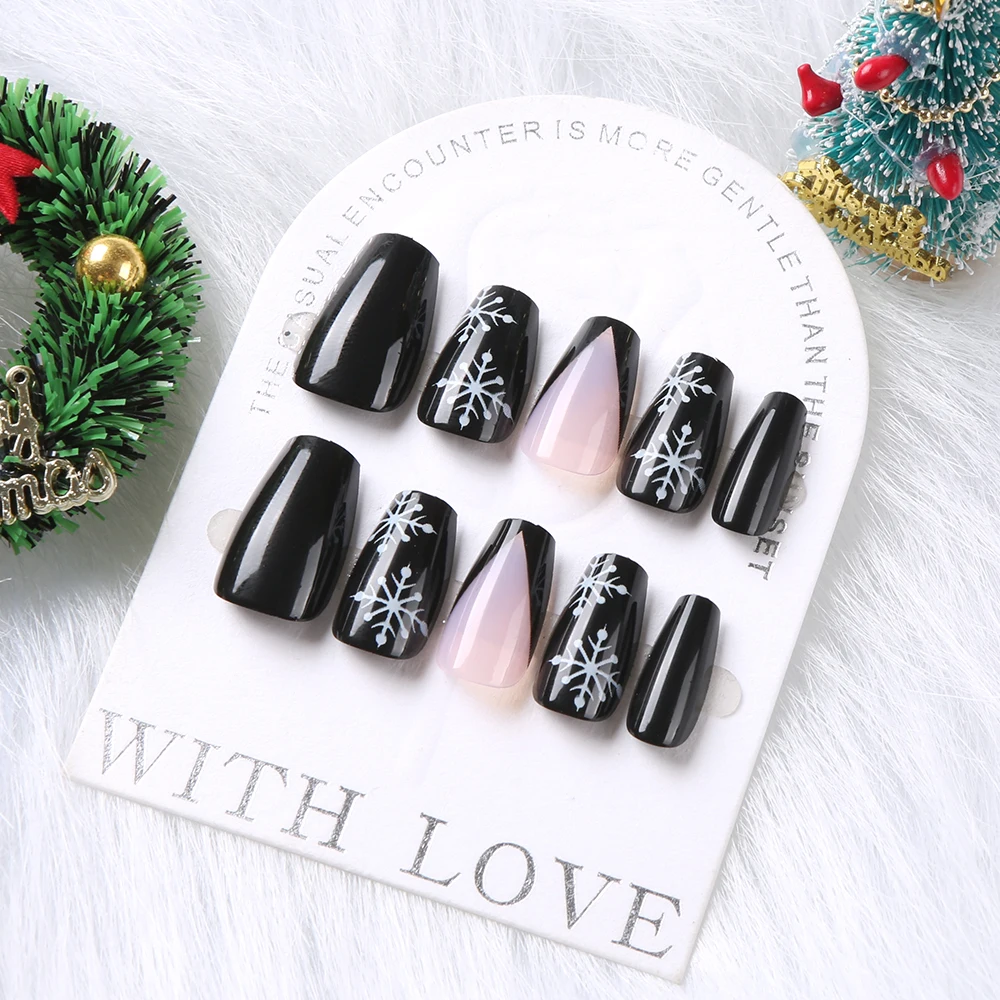 24Pcs Black Press on Nails White Snowflake Christmas Fake Nails Medium Square press on nails French Full Cover False Finger Nail