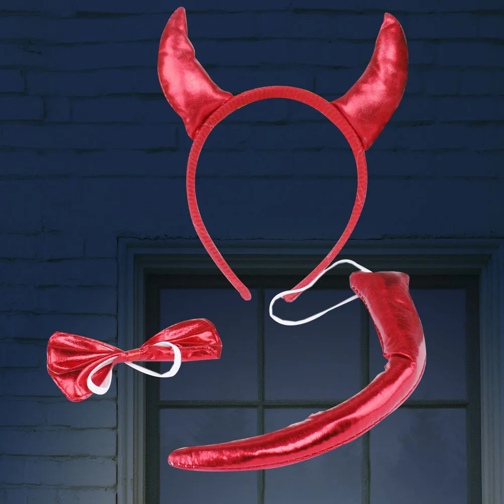 3Pcs Horned Headdress Costume Set Lightweight Headband Bow Tail Halloween Party Cosplay Kids Adults Party Accessory