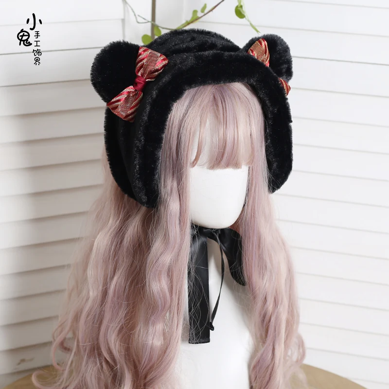 Japanese sweet autumn and winter hat Lolita brown bear ear plaid wild ear protection cap warm cute plus velvet earmuff cap