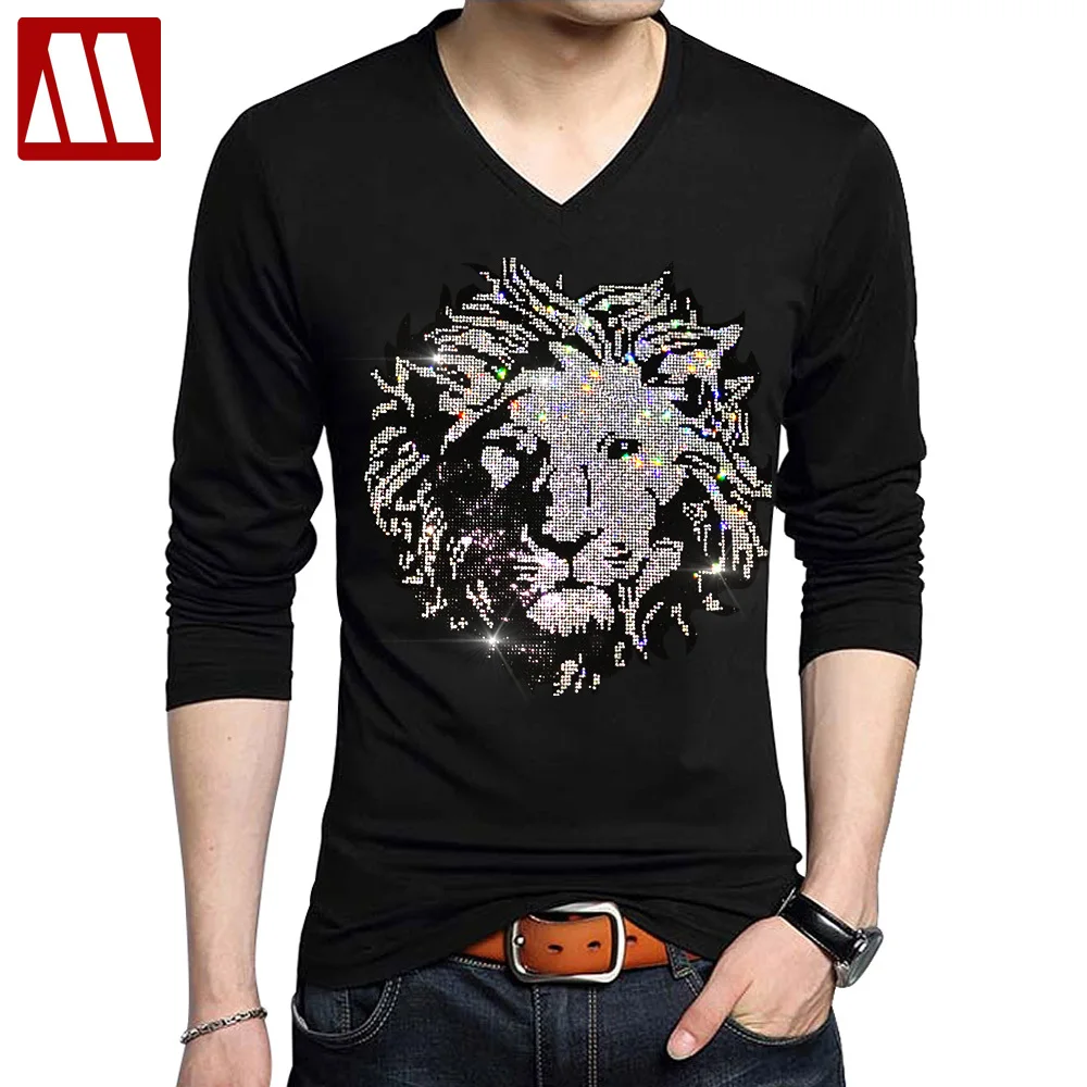 

New Tops Rock Style Men's 0versized Lion Head Leisure Shiny Rhinestones T Shirts Man Cotton Full Sleeve Tees Fashion Slim TShirt