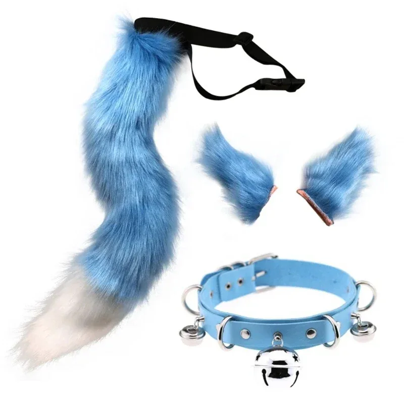 Faux Fur Kitten Wolf Long Tail Ears Hair Clips and Faux Leather Neck Collar Choker Set Halloween Party Cosplay Costume