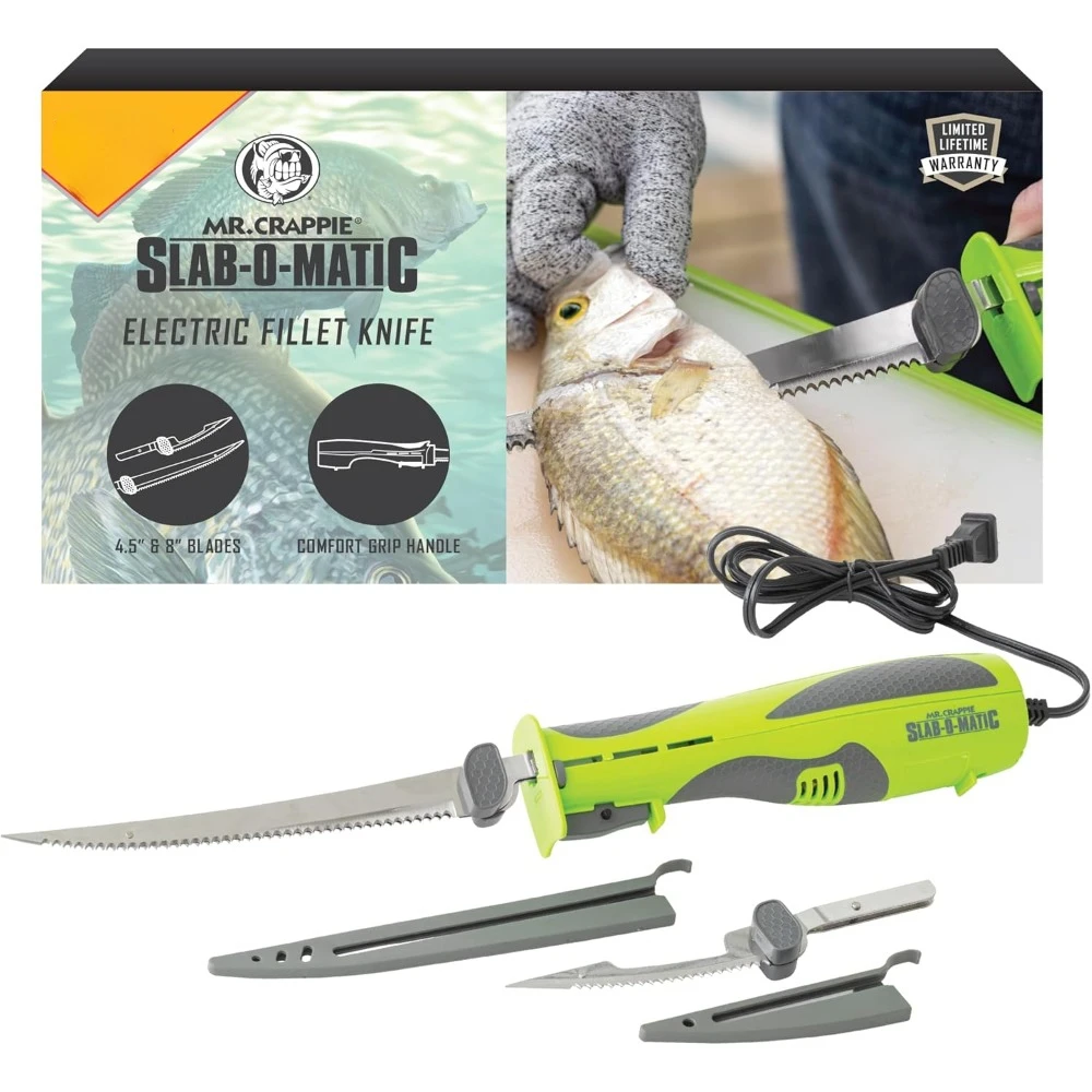 

Mr. Crappie Slab-O-Matic Electric Fillet Knife - Removable 8” & 4.5” Serrated Stainless Steel Blades w/ Sheaths - Fillet Glove