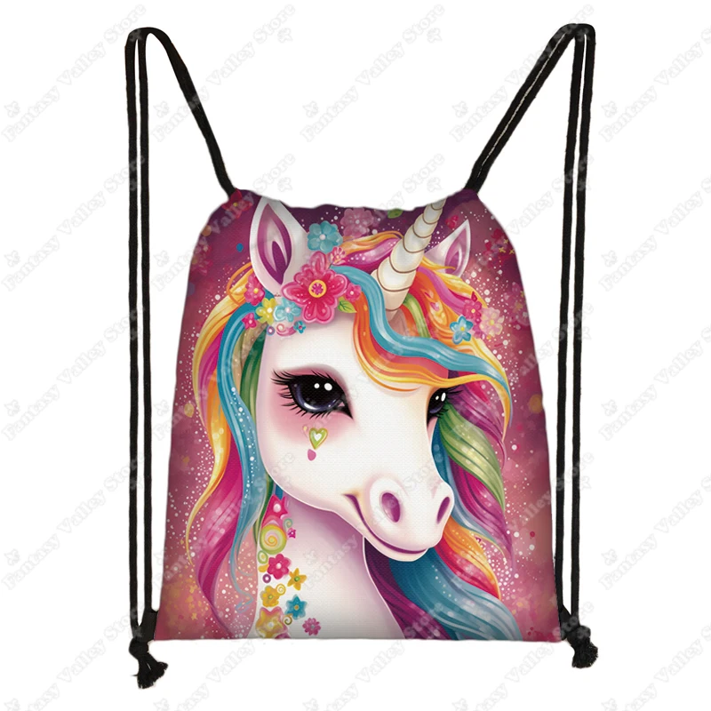 Cute Cartoon Unicorn Print Backpacks Fantasy Rainbow Colorful Drawstring Bags Girl Kawaii Shoulder Bag Children School Bags Gift