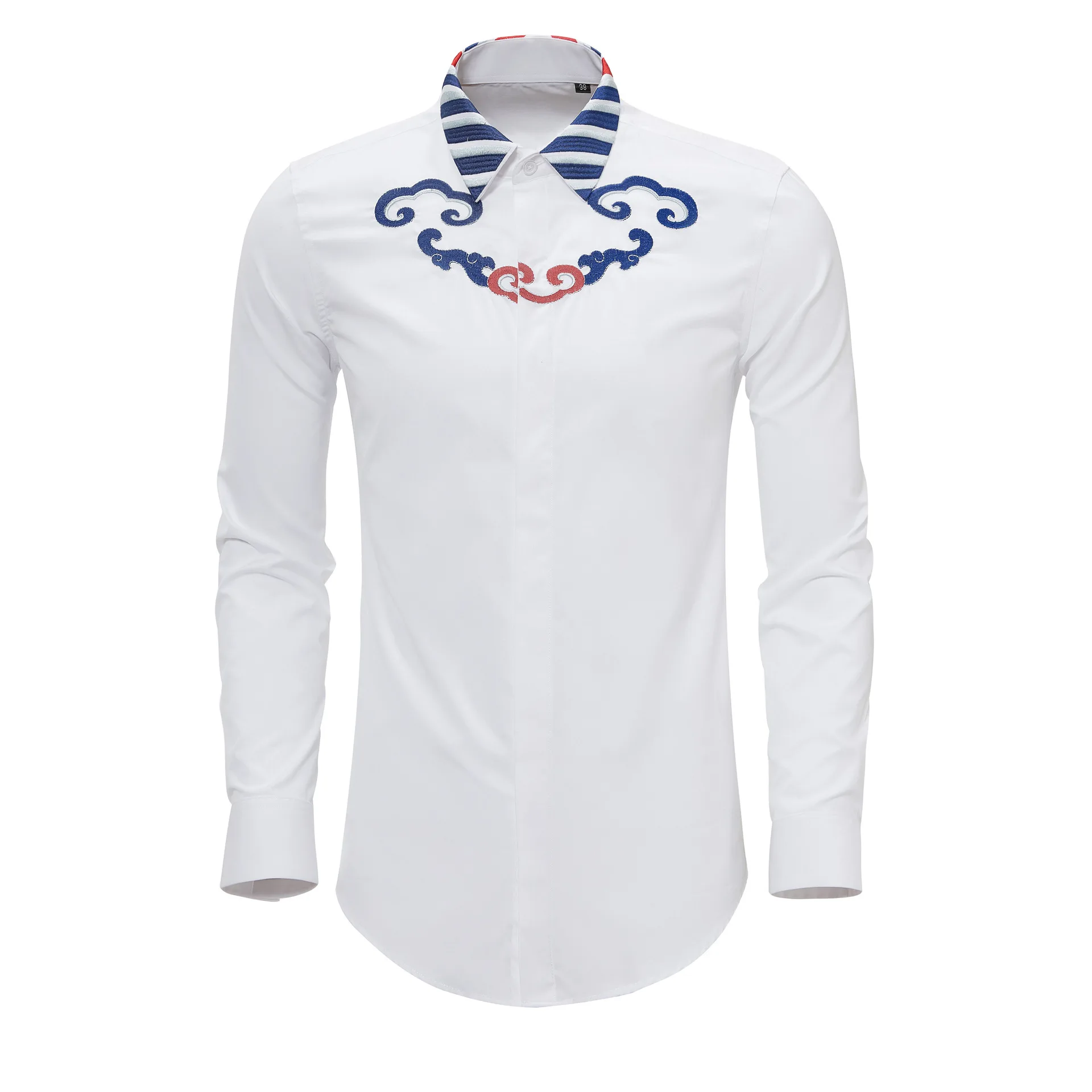 Chinese style blue cloud pattern embroidered long sleeved men's shirt slim fit trendy men's no iron cotton shirt