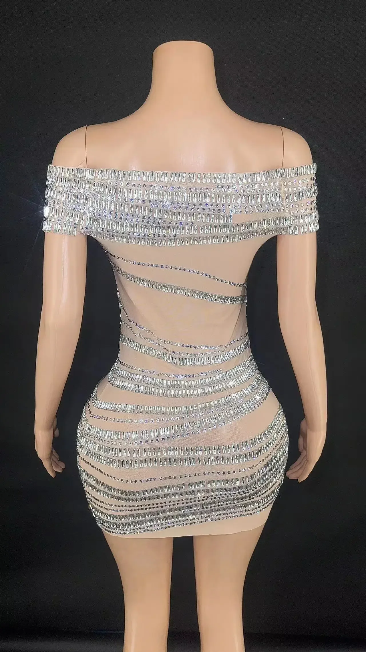 Sparkly Rhinestones Short Dress for Women Sexy Off- shoulder See Through Evening Celebrate Birthday Dress Photo Shoot Stage Wear