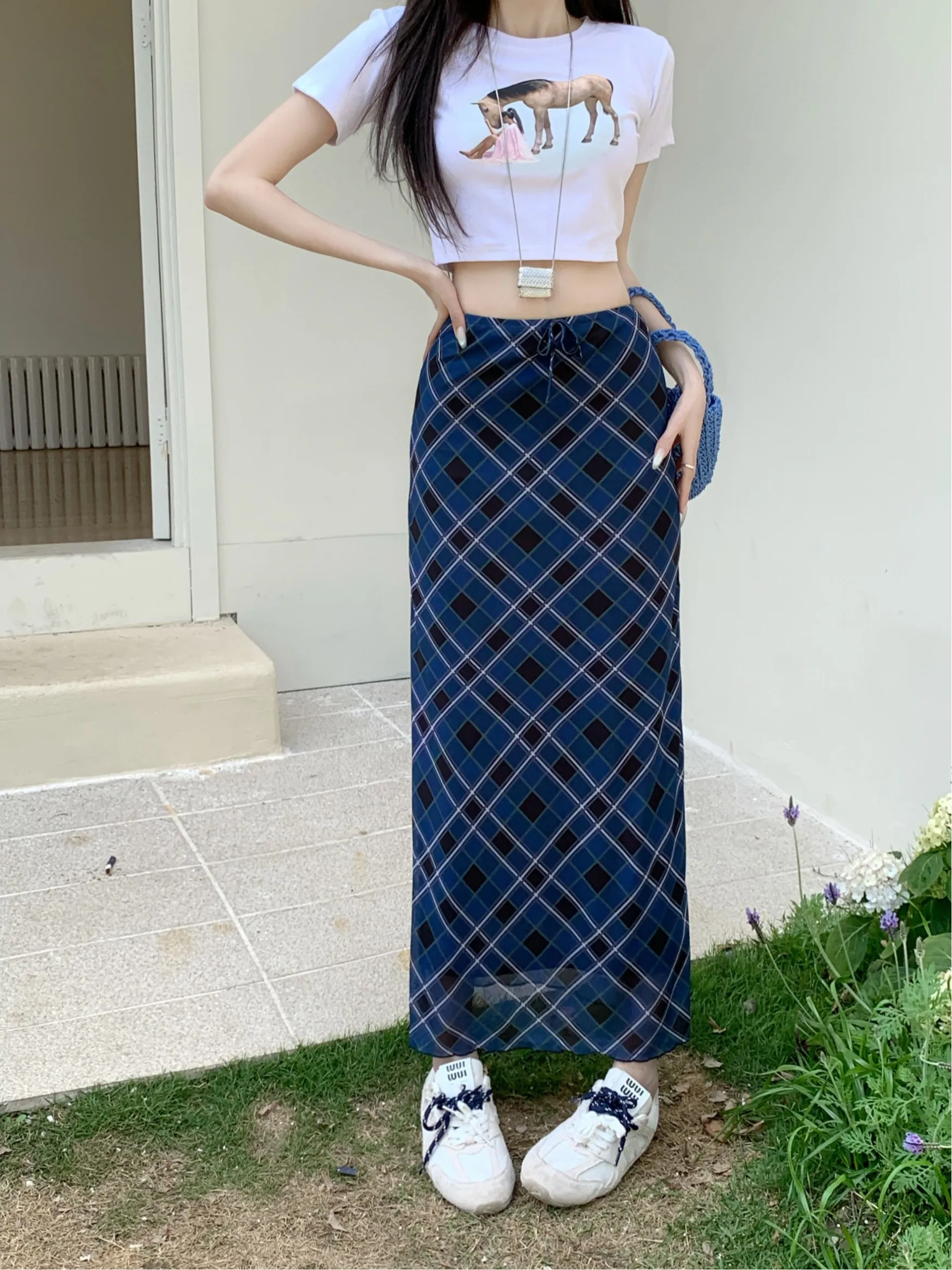 

High Waist Plaid Half Skirt for plus Size Women Summer New Style Slimming Versatile Midi Straight Tube Skirt Trendy Girl Style