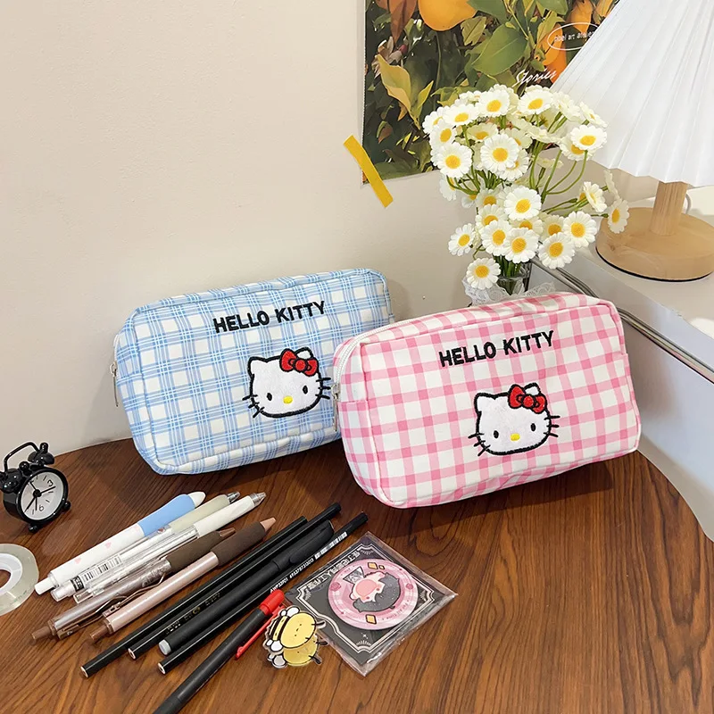 Sanrio Hello Kitty Grid Federmäppchen Cartoon Kitty Cat Square Tragbare Geldbörse Kosmetiktaschen Student Federmäppchen Aufbewahrungstasche