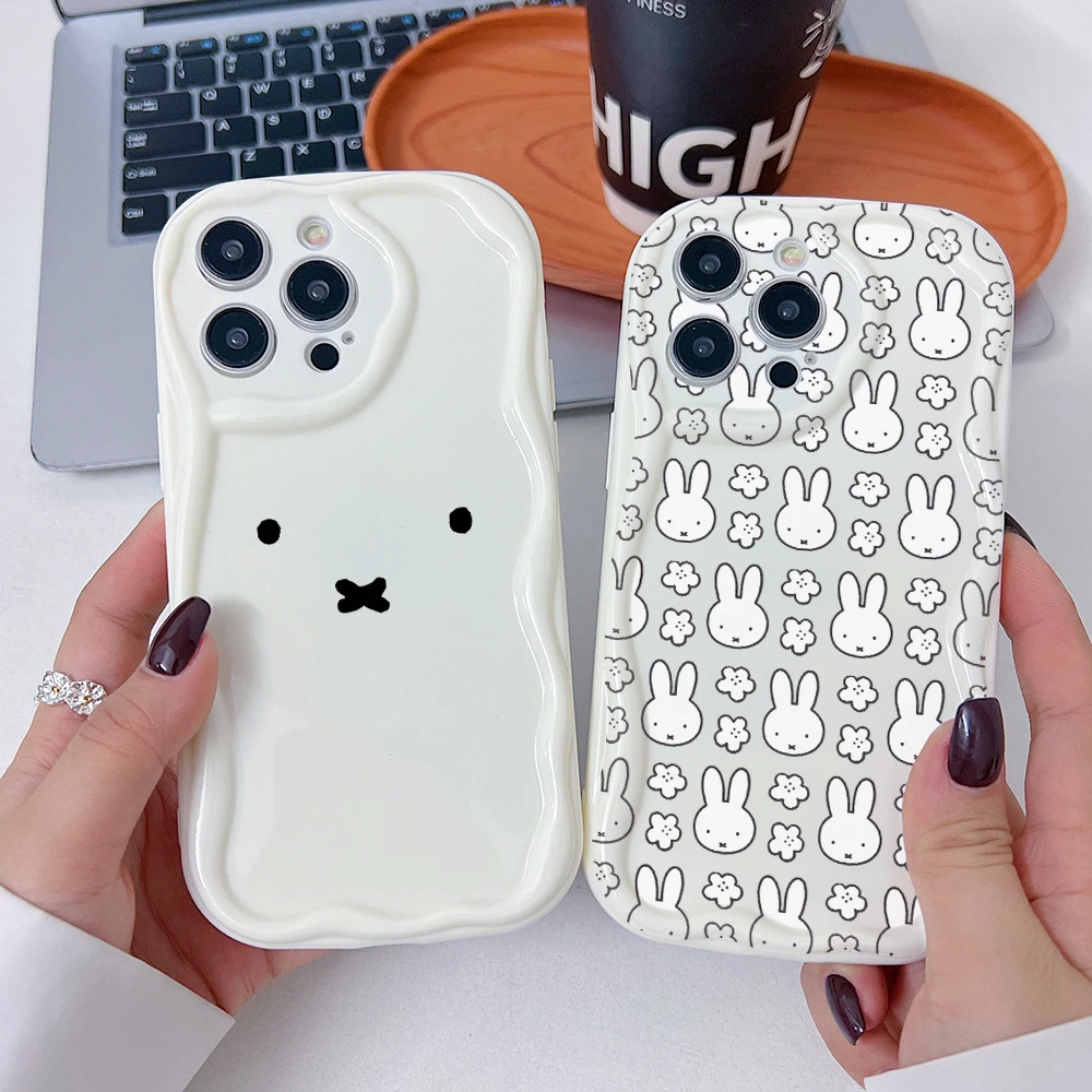 Cute Rabbit Phone Case for iPhone 16 15 14 Plus 13 12 Mini 11 iPhone16 Pro Max X Xs XR 7 8 3D Wave M-Miffies Soft Capa Cover