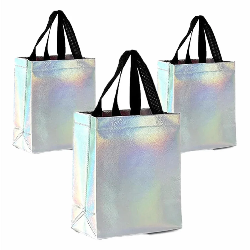 12pcs Iridescent Non-woven Gift Bags Goodie Bags Birthday Party  Present Bag Holographic Silver Reusable ﻿ ﻿