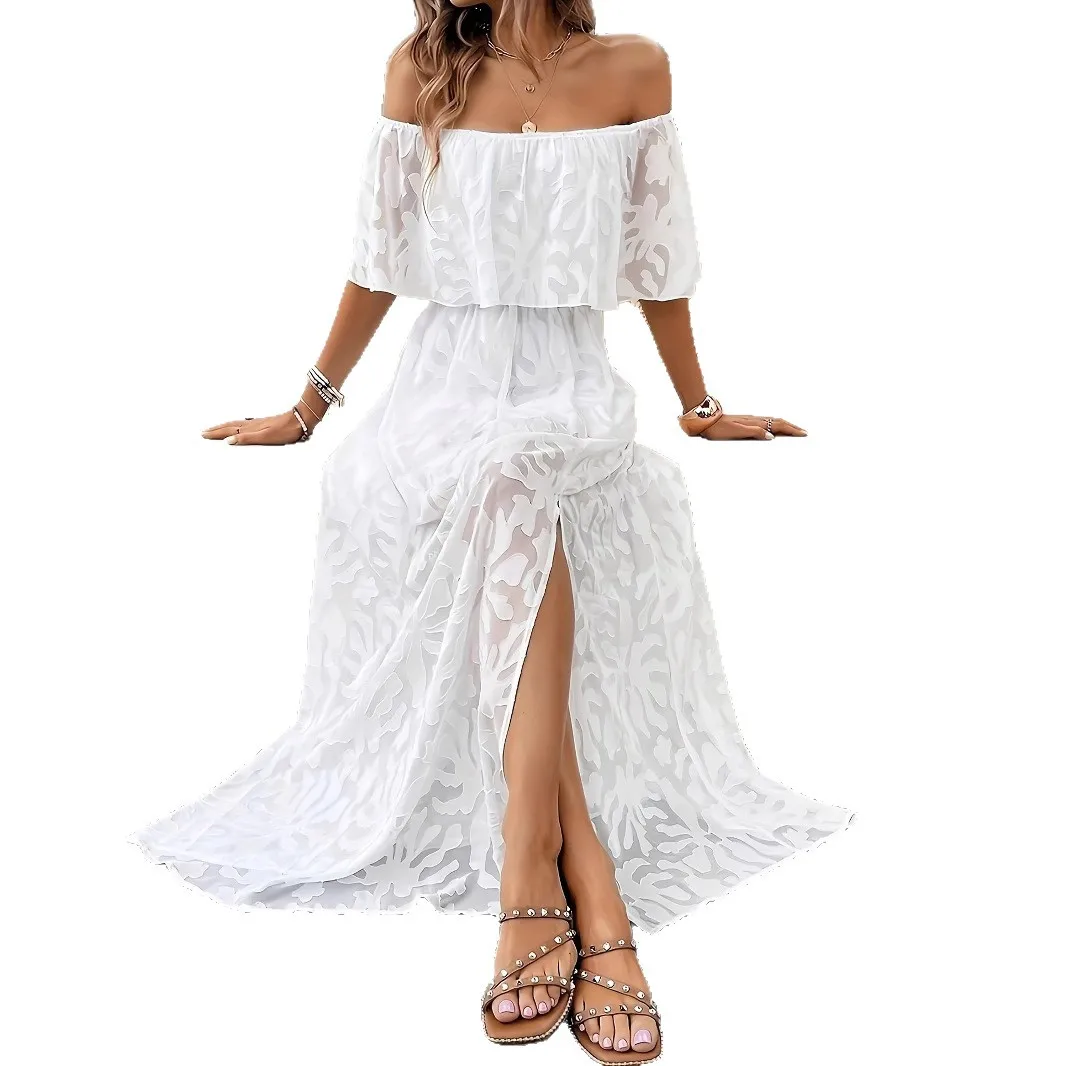 Women Bohemian White Long Dress Short Sleeve Off Shoulder Lace Ruffle Loose Dress Summer Holiday Beach Casual Dresses Female