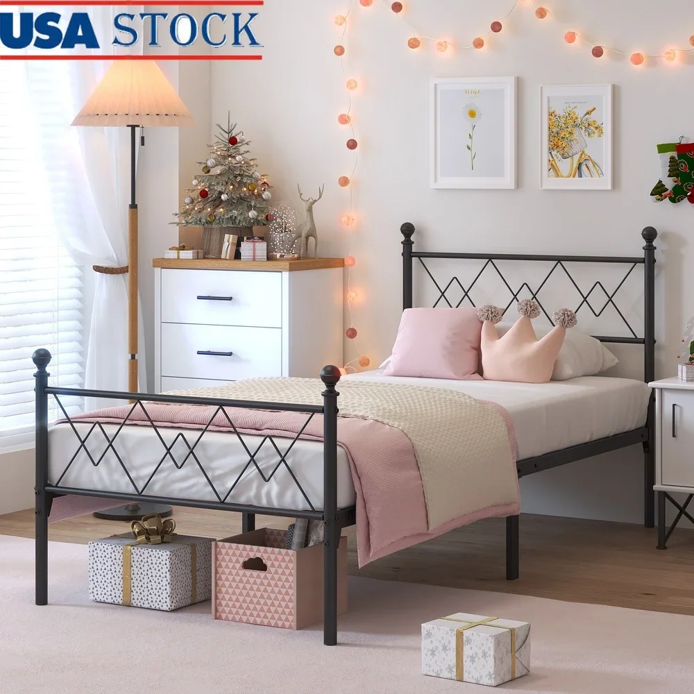

Teen Twin Size Metal Platform Bed Frame with Curved Headboard Durable Steel Construction Under Bed Storage Perfect Kids Bedroom