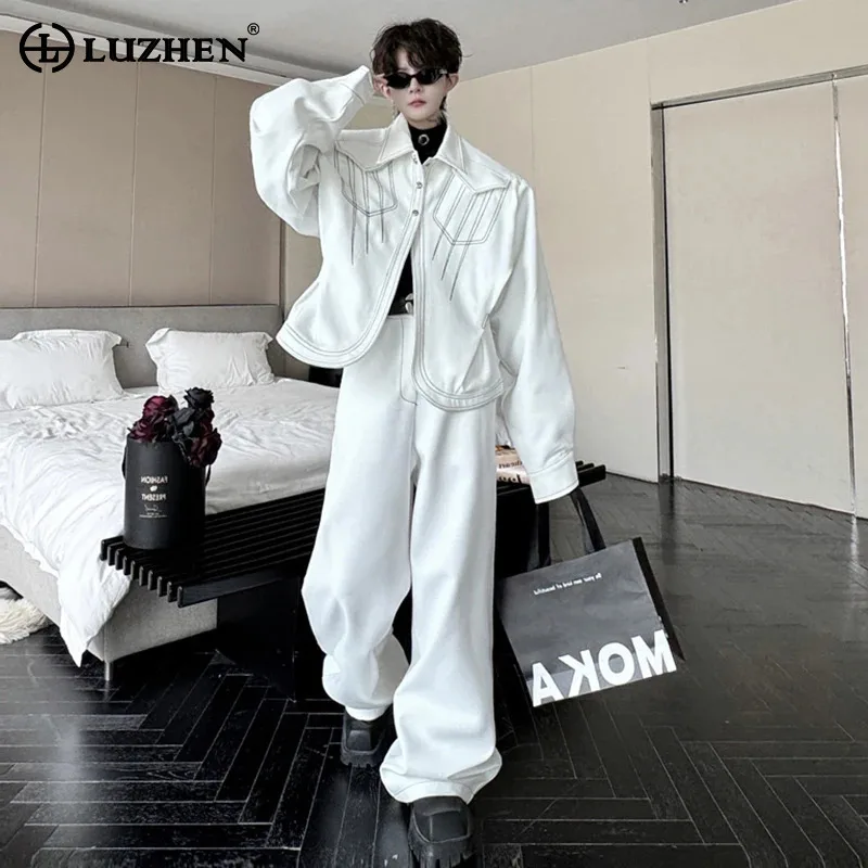 LUZHEN Men Spring Bright Lines Design Casual Trendy Jackets Set Fashion Streetwear Baggy Pants Two Piece Retro Original LZ6558