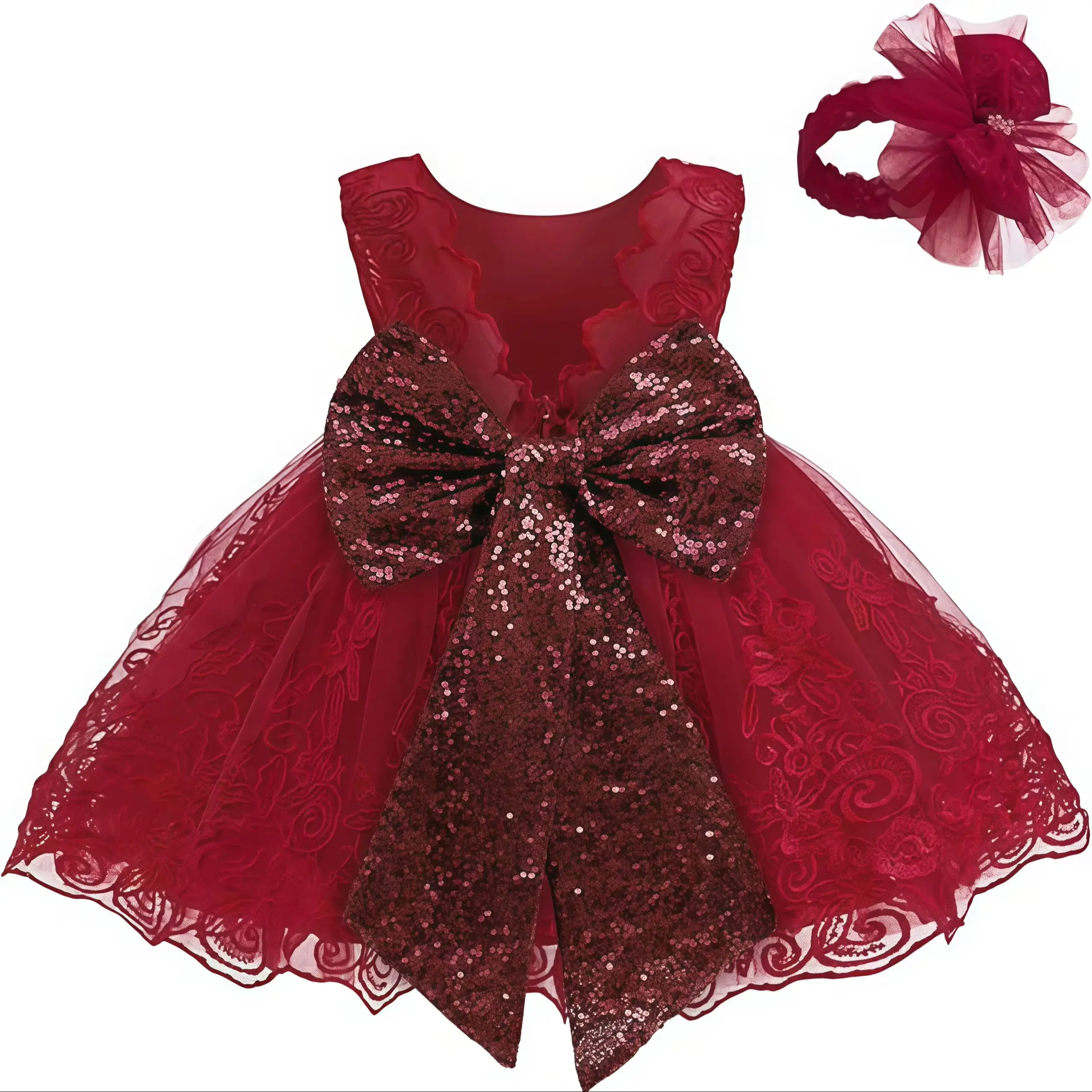 Flower Girls Elegant Lace V Back Tulle Princess Dress For Baby Birthday Party Christmas Bridesmaid Wedding Newborn Baptism Gown