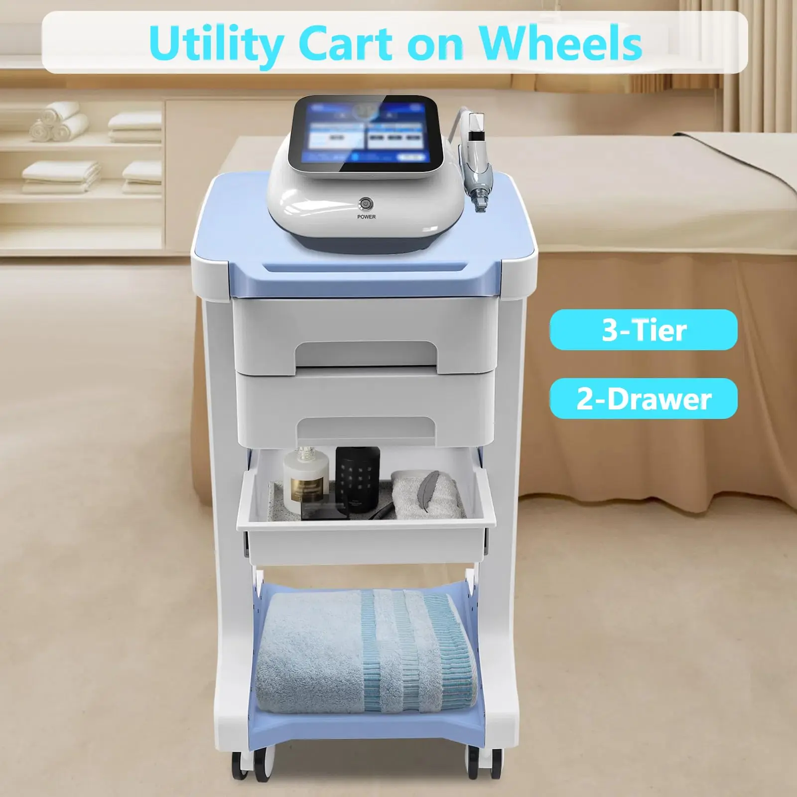 Carrinho profissional de salão de beleza com 3 camadas e 2 gavetas com rodas Carrinho utilitário com gavetas Carrinho de armazenamento móvel, carga máxima de 50 kg/110 lb,