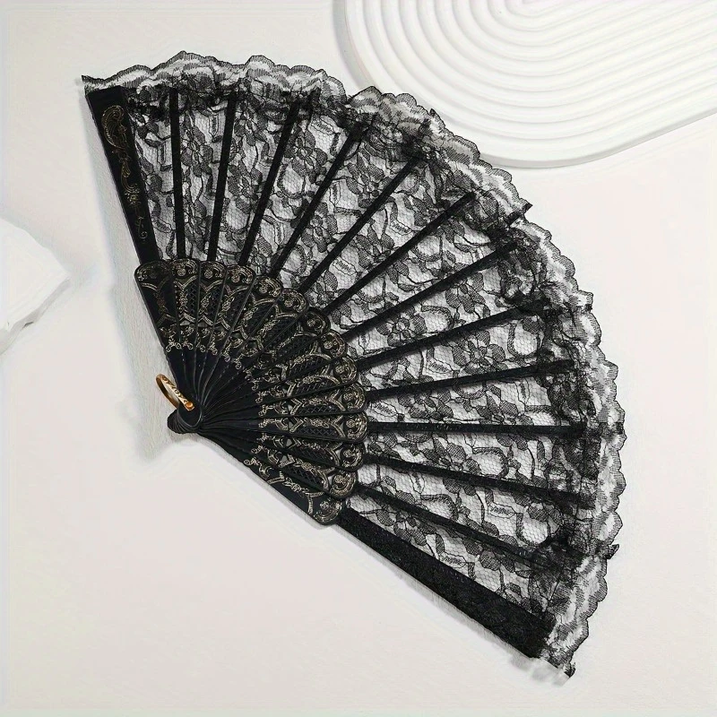 Abanico de mano de tela de encaje de estilo europeo clásico para mujer, diseño Floral plegable, ideal para bodas, clubes nocturnos y Cosplay, 1 unidad
