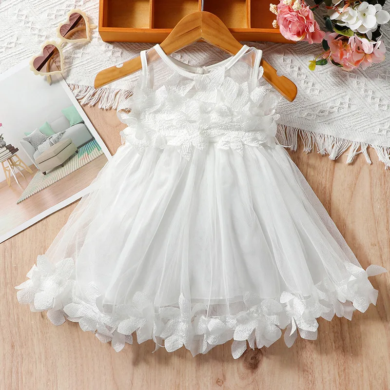 

Kids Dresses For Girls White Summer Mesh Vest Princess Girls Dress Fashion Sleeveless Petal Decoration Party Children Clothes