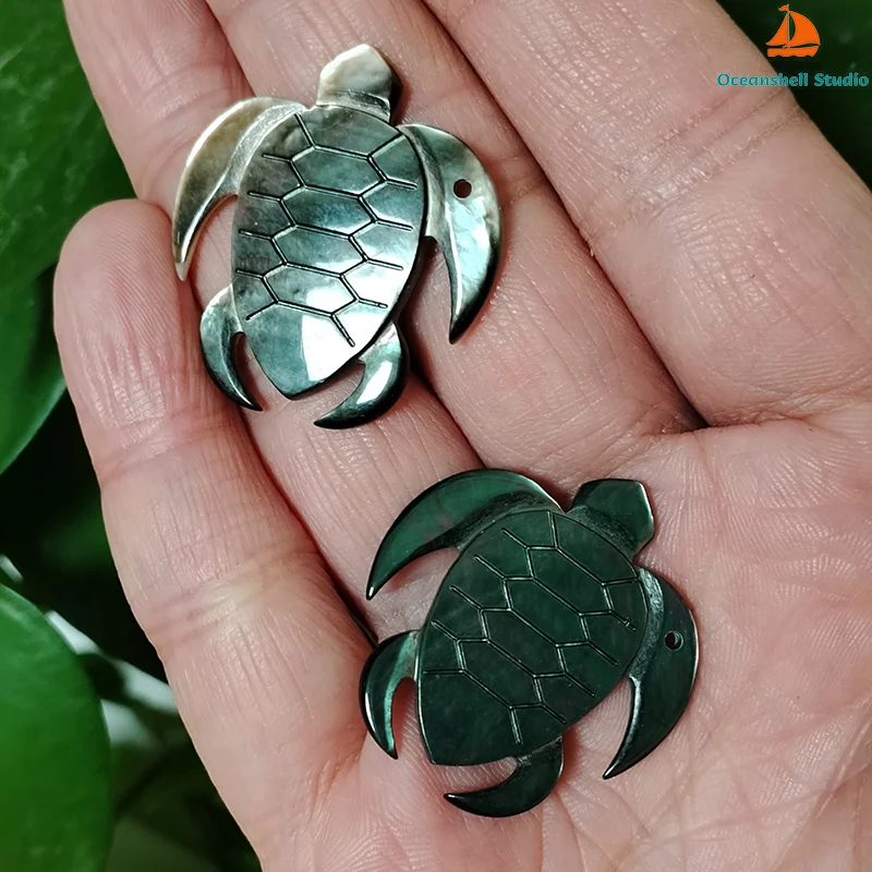 2 PC Black Mother of Pearl Shell Pendant Tortoise Shape Pack-for Crafts Mop Charm Bead, Jewelry Making, Inlay, DIY Project