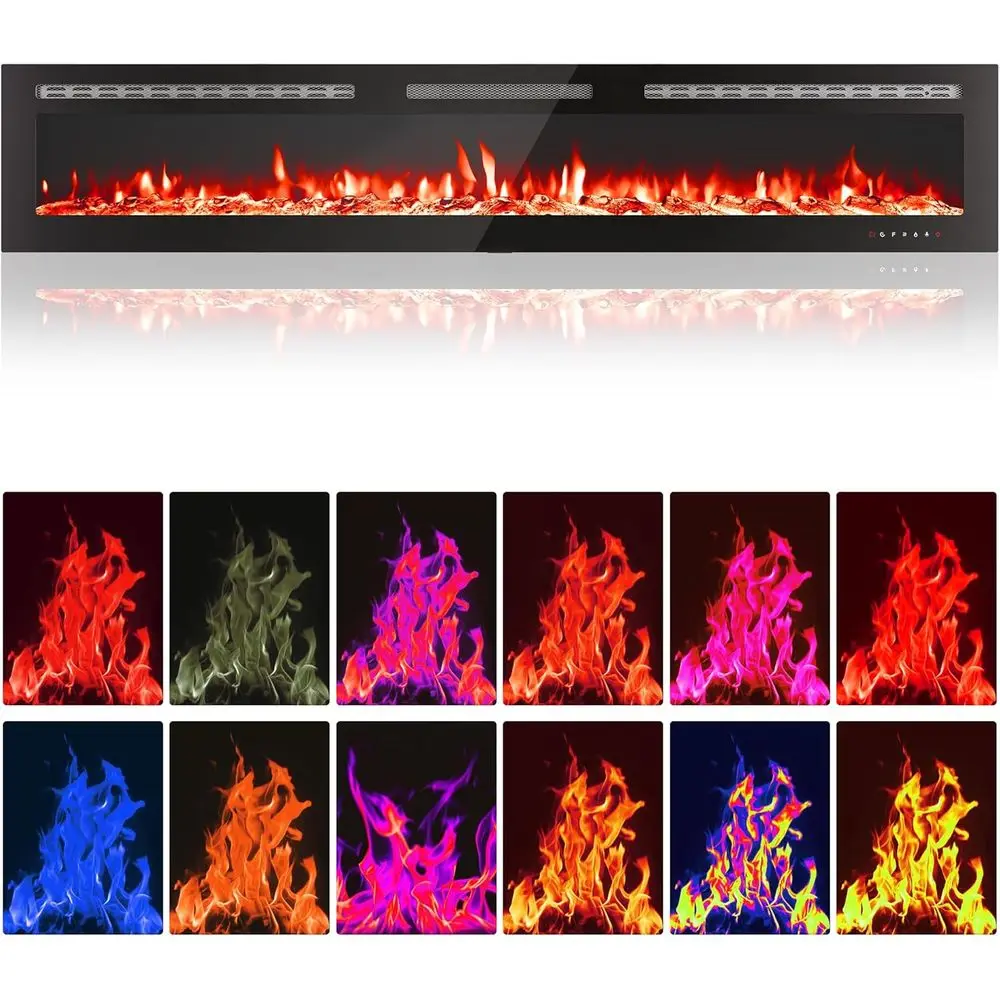 

WiFi-Enabled Wall-Mounted Linear Electric Fireplace, 750W/1500W, Multicolor Flames, Remote & Log/Crystals, Black