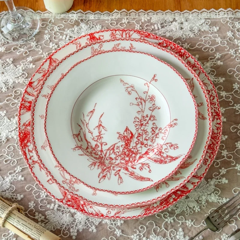 Red Lily Of The Valley Porcelain Dinner Plates, Medieval Pastoral Food Plate, Dining Plates for Kitchen, Tableware, Dinnerware