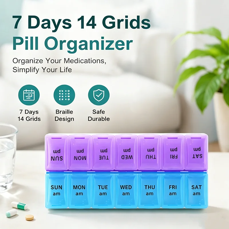 

Pill Box Case 7 Day Weekly Medicine Storage Box Double Row 14grid Tablte Dispenser Organizer Open Lid First-Aid Kit Container