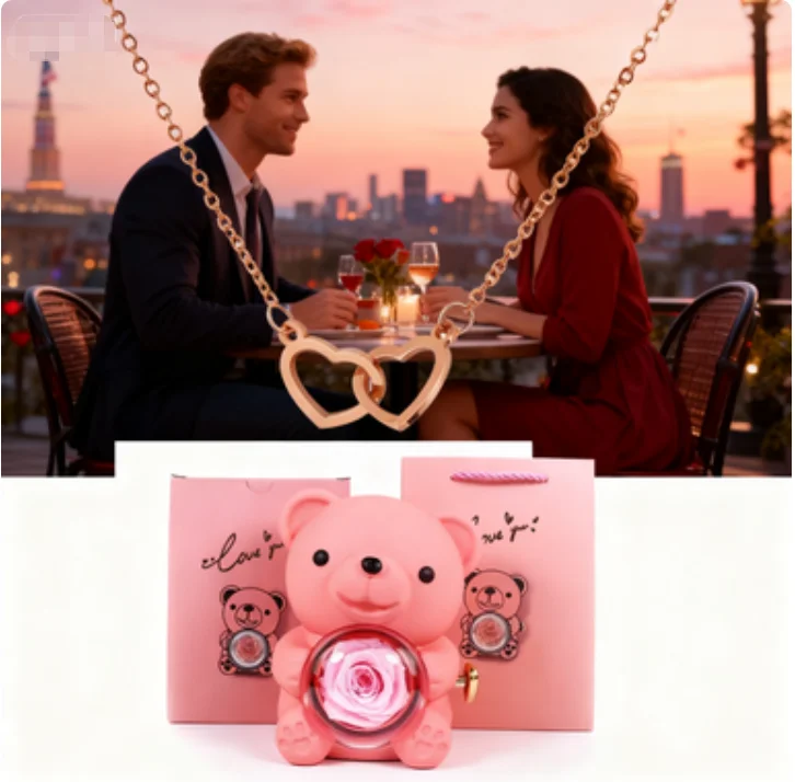 

Колье из нержавеющей стали с двойным сердцем - подарочная коробка с розой для девушки