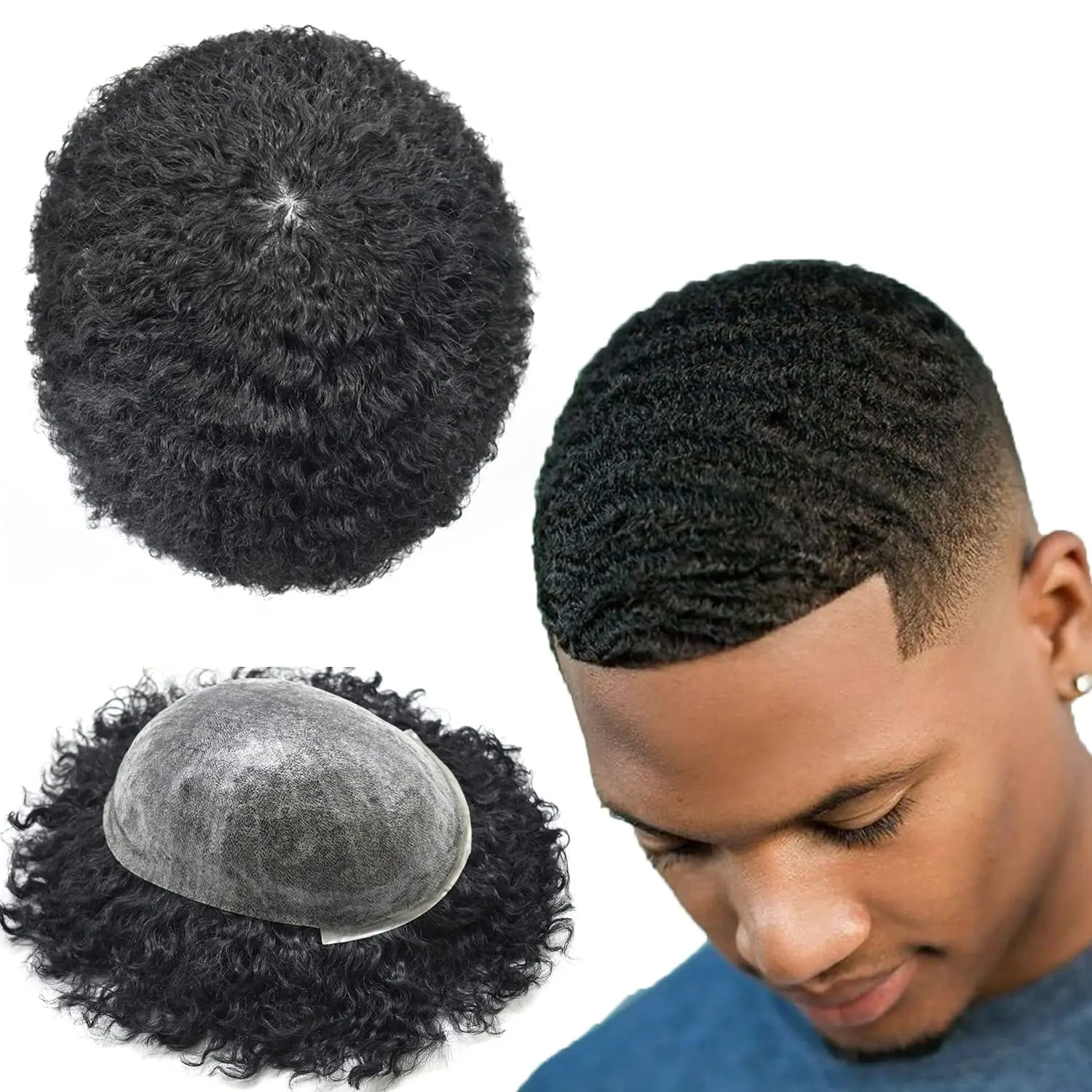 

Black Men Toupee 100% Human Hair Curly Hair Full PU Base Men Wig Afro American Hair Replacement System