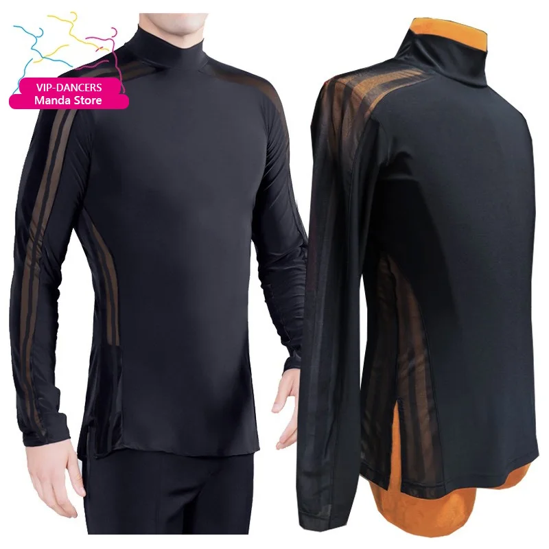 

Latin Dance Training Clothes Men Black High Collar Tops Long Sleeve Ballroom Dancing Top Male Latin Rumba Practice Wear VDL2927